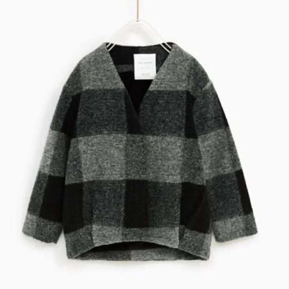 Zara Girls Black Buffalo Plaid Collarless Jacket size 7